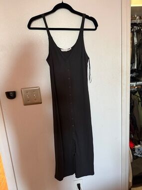 All in Favor Black Ribbed Button-Front Midi Dress